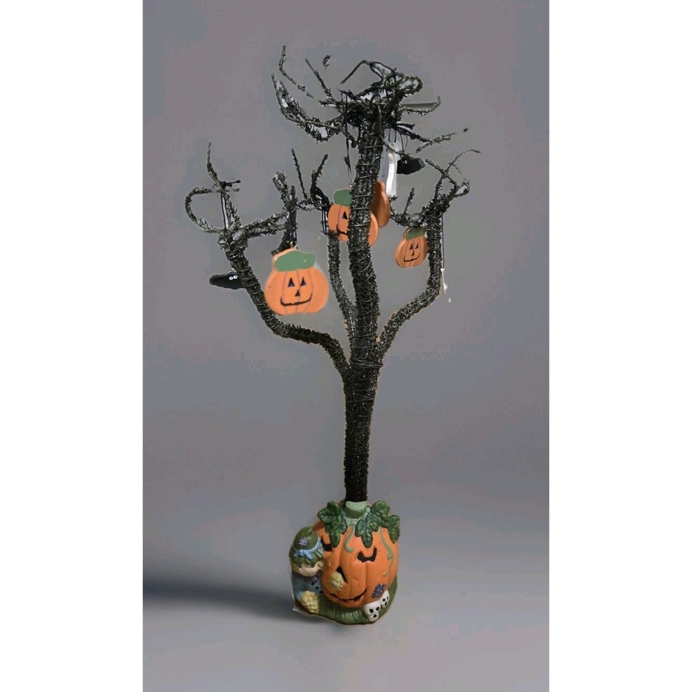 1997 20"‎ Halloween Tree on Pumpkin Porcelain Base with Wood Ornaments - Picture 3 of 4